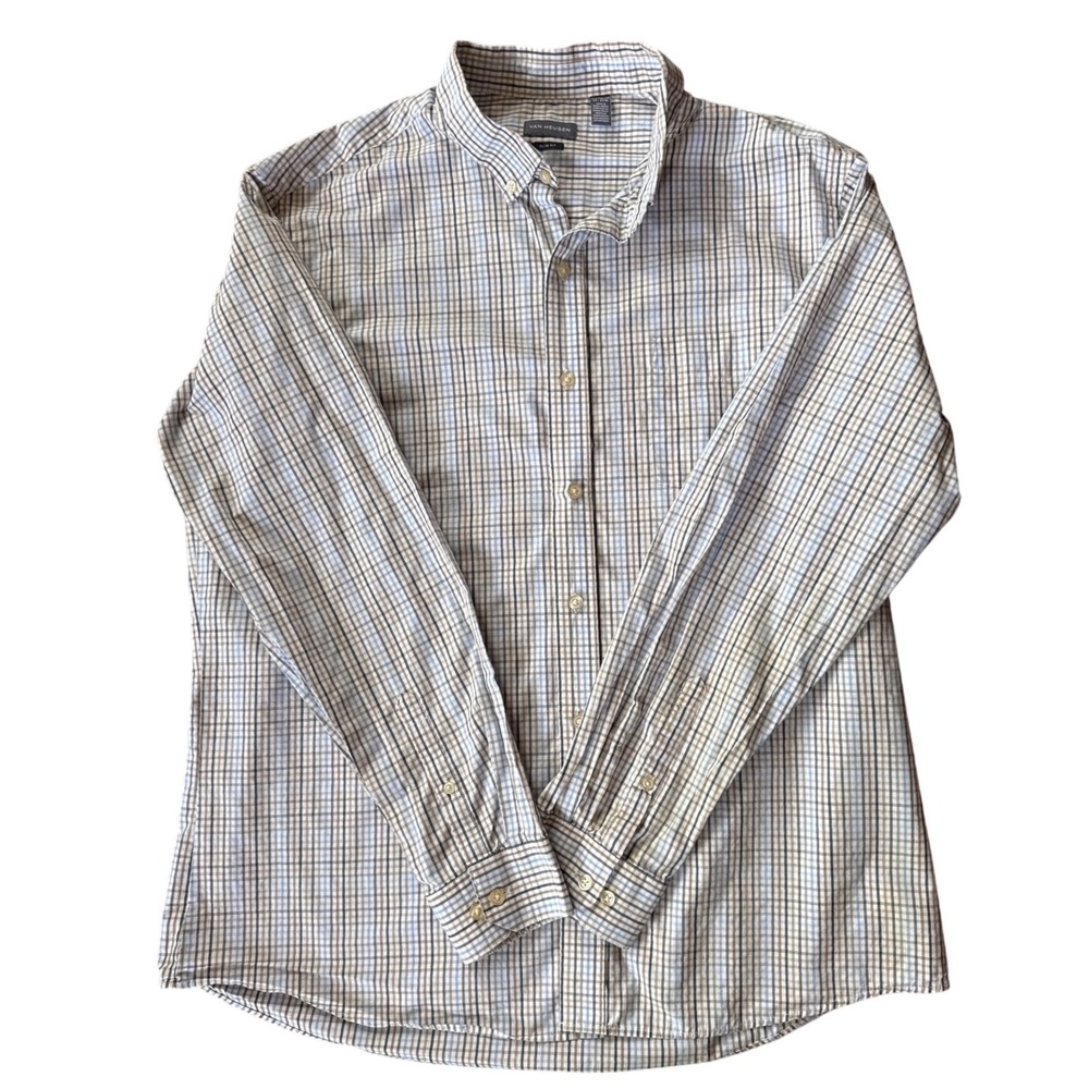 Van Heusen Button Down Shirt Mens XL Blue Brown Plaid Slim Fit Excellent
